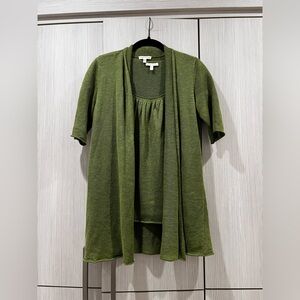 Eileen Fisher 100% Linen Short Sleeve Sweater Twin Set Moss Green XS Two Piece